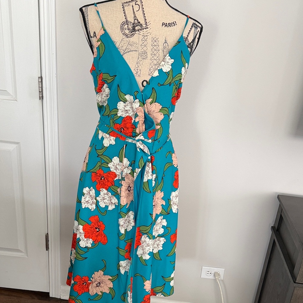 Lulus Teal Floral Wrap Midi Dress Size M